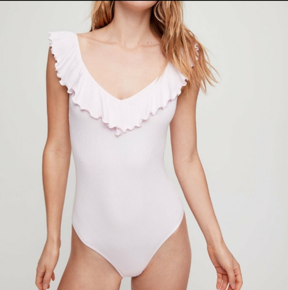Aritzia Wilfred Ribbed White Ruffle Thong Bodysuit XS